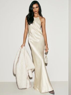 Reformation Cream Satin Halter Maxi Dress